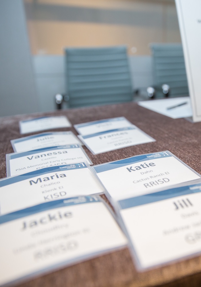 Photo of Holdsworth Center name tags for Katie Dahn and her colleagues at Cactus Ranch.