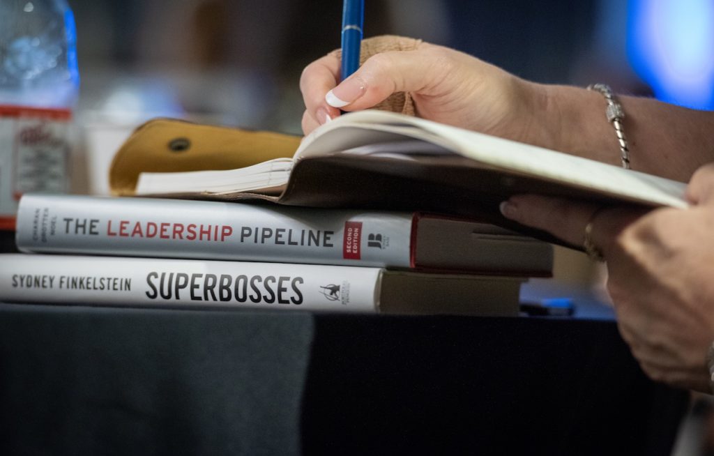 An image of the book Superbosses, written by Sydney Finkelstein, taken during a Holdsworth Center District Leadership program session.