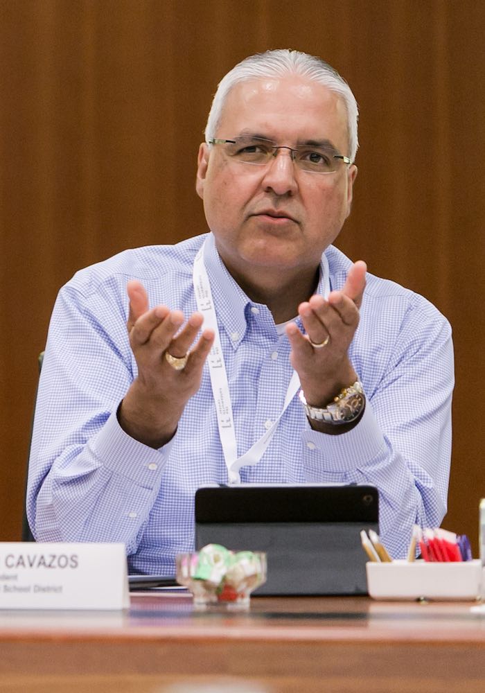 Dr. Marcelo Cavazos, Superintendent of Arlington ISD, is photographed gesturing during a Holdsworth Center District Leadership Program session in 2017.