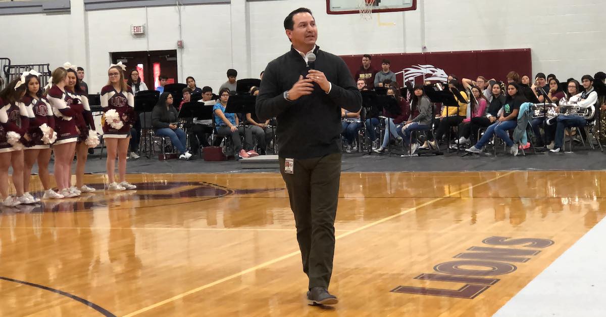 Lockhart ISD Superintendent Mark Estrada is photographed speaking at a pep rally in Lockhart ISD.