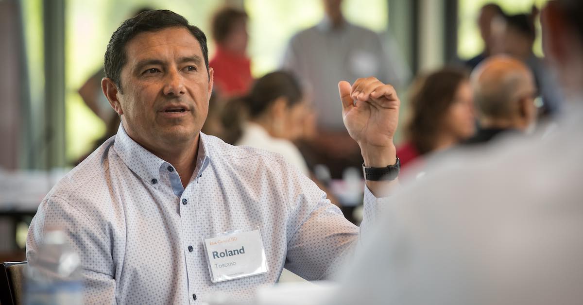 Roland Toscano, Superintendent of East Central ISD, is photographed gesturing during a Holdsworth Center District Leadership Program at the Campus on Lake Austin.