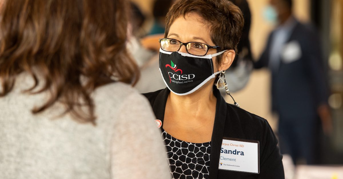Sandra Clement, Chief Officer of School Improvement and Innovation of Corpus Christi ISD, is pictured during a conversation with colleagues during a Holdsworth Center Leadership Collaborative session at the Campus on Lake Austin.
