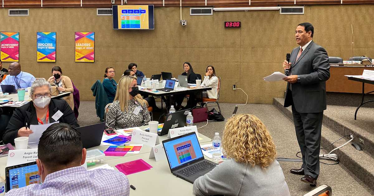 Roland Hernandez, superintendent of Corpus Christi ISD, is pictured speaking to a task force designed to create a leadership model for every employee in the district.
